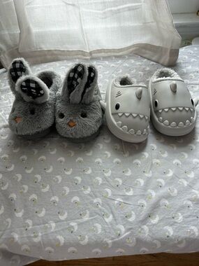 Bundle! Gray Bunny and Shark Kids Slippers Duo - Cute Gray Plush